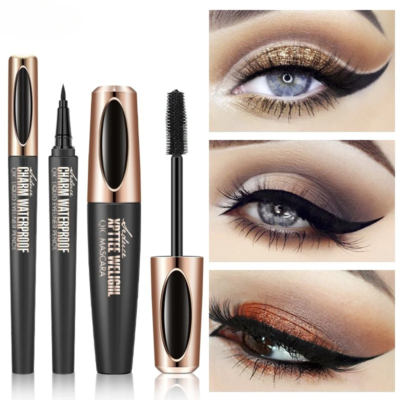Professionele 2-in-1 Mascara en Eyeliner Set Volumizing 4D Verlenging Waterdicht Smudge Proof voor Natuurlijke Gekrulde Wimpers Make-up