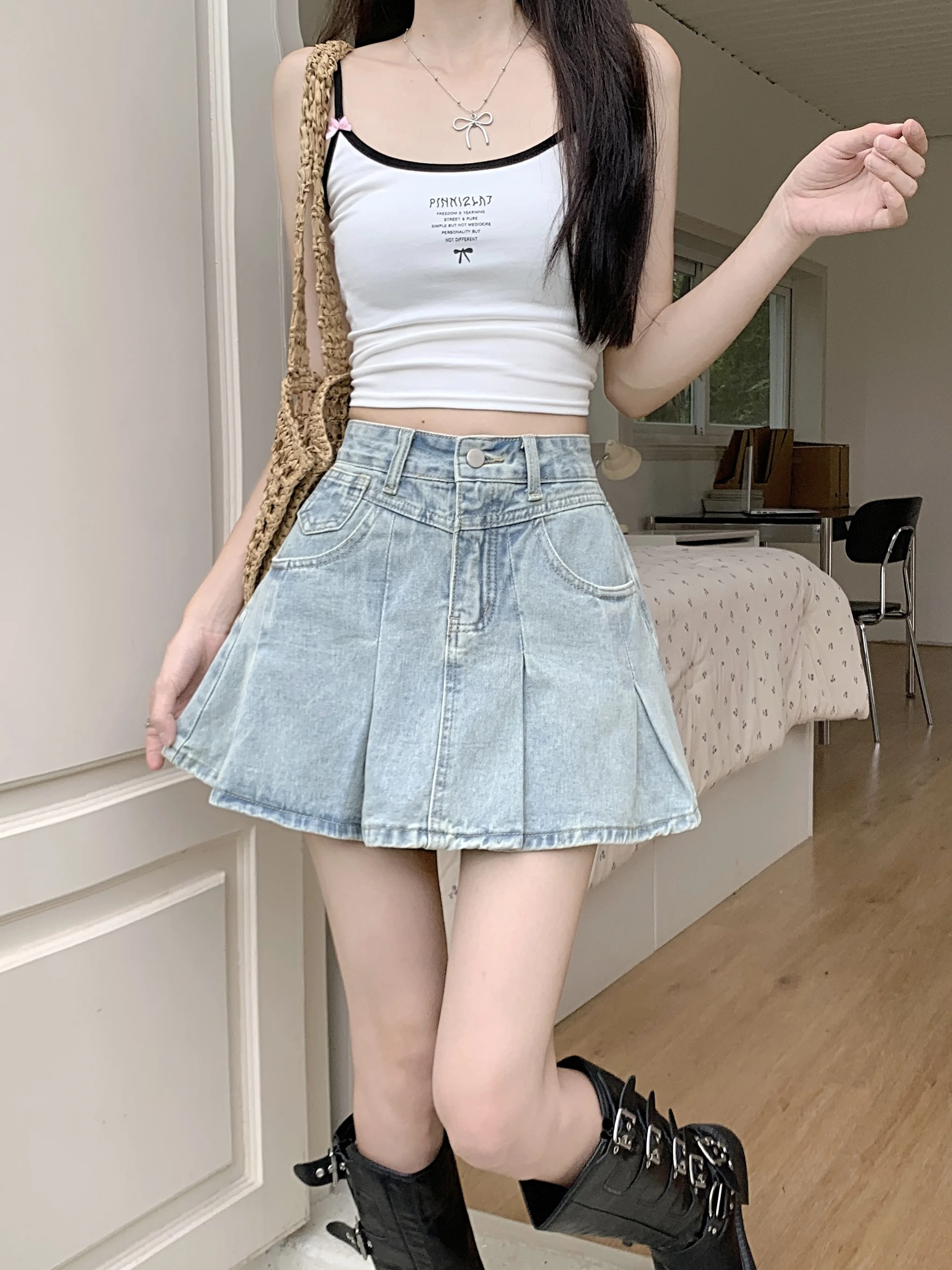 

Юбка А-силуэта с высокой талией, женская, летняя, новая модель, с защитой от просвечивания, в стиле JK, джинсовая, утягивающая, универсальная, средней длины