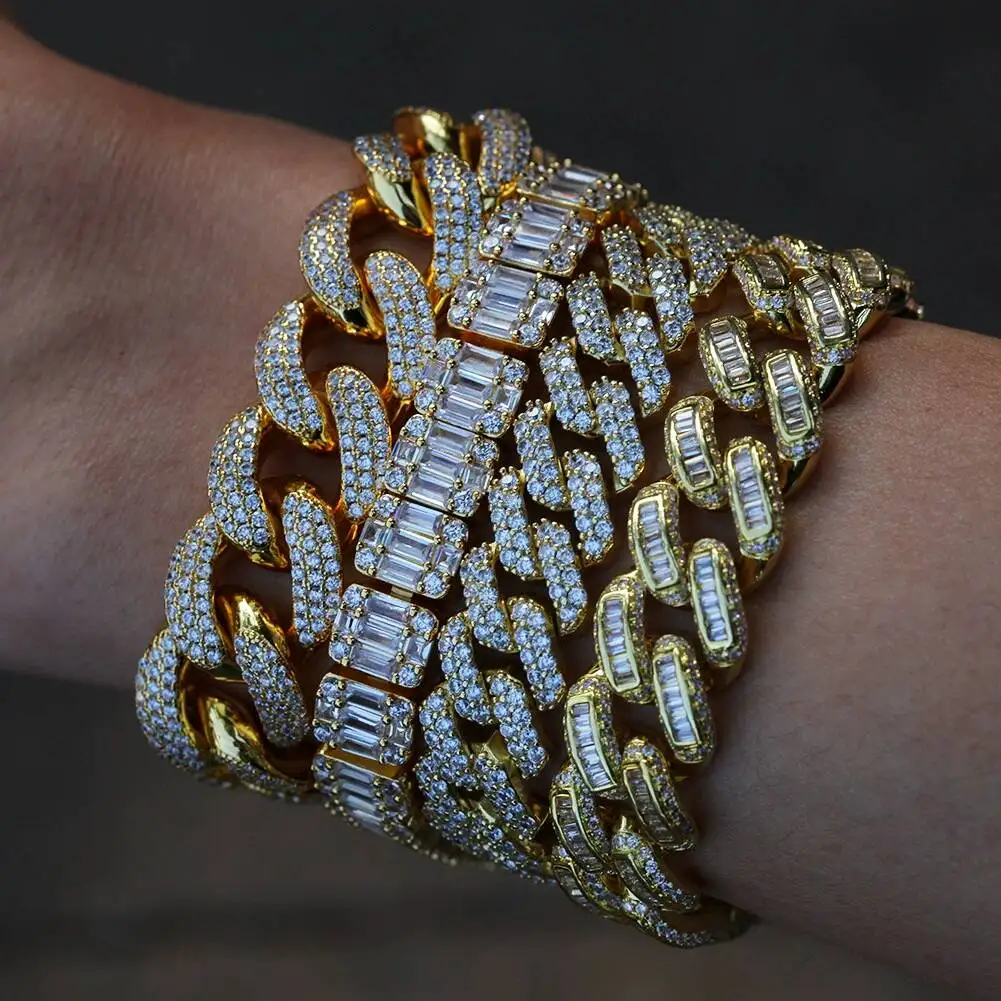 Vvs Custom Iced Out Moissanite Baguette Diamond Cuban Link Chain Hip Hop Bracelet 14K Gold Silver Fine Jewelry for Men 8mm 10mm.