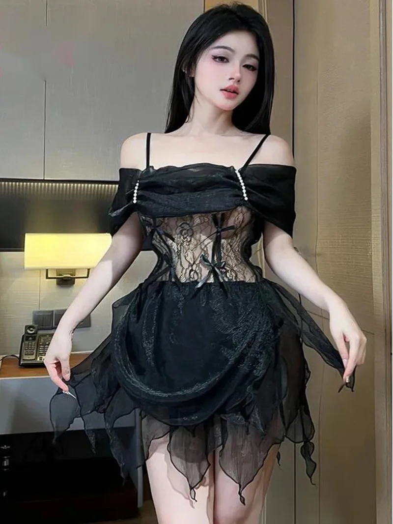 Robe de mariée pour la saint-valentin, jupe bouffante, uniforme Sexy, pyjama Sexy en dentelle et maille transparente, Mini robe coréenne Q1XA