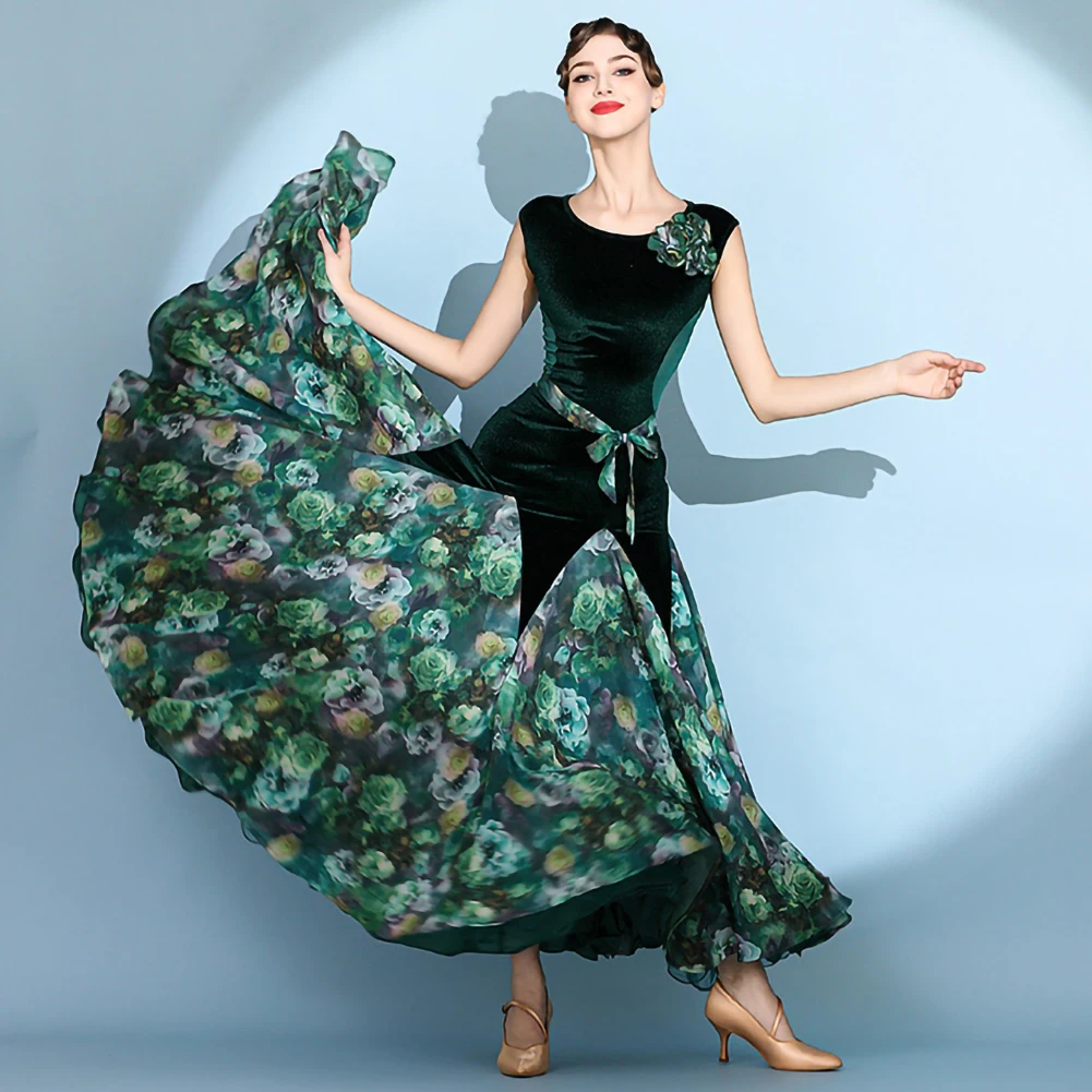 Standard Competition dress Crewneck Velvet Waltz Ballroom Dress Red Print Sleeveless Stage Performance Costume Green