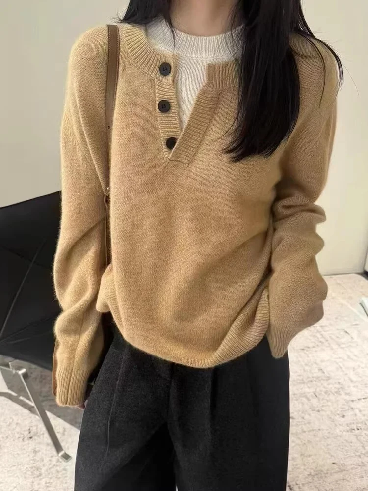 เสื้อสเวตเตอร์แคชเมียร์ปลอมแบบคอเปิดครึ่งตัว รุ่นใหม่สำหรับฤดูใบไม้ร่วงและฤดูหนาว เสื้อสเวตเตอร์ทรงหลวมสำหรับผู้หญิง แขนยาว