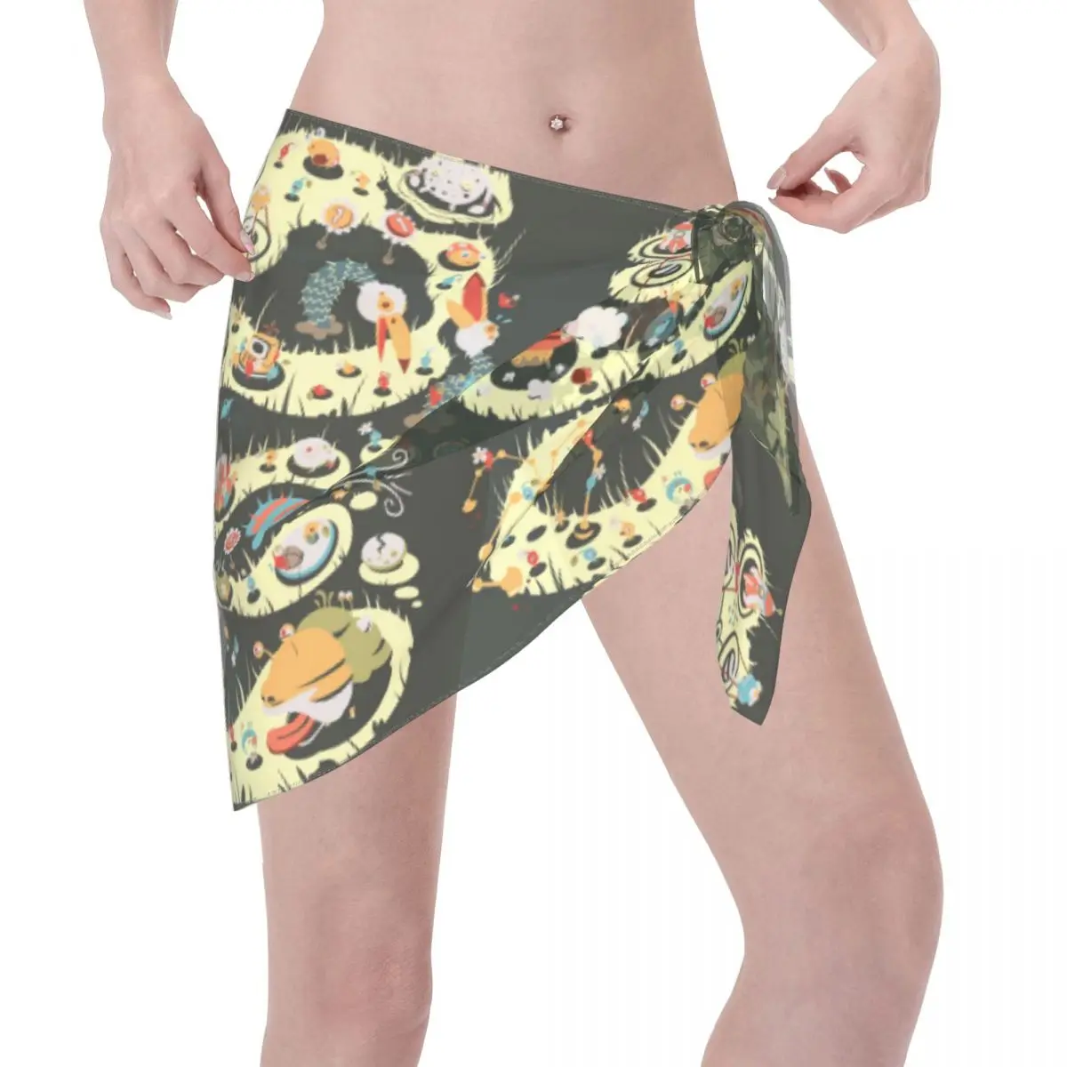 Custom Cartoon Pikmins Play Game Beach Bikini Wrap See-Through Bikini Beach dress Short Skirt Chiffon Scarf Cover up For Women
