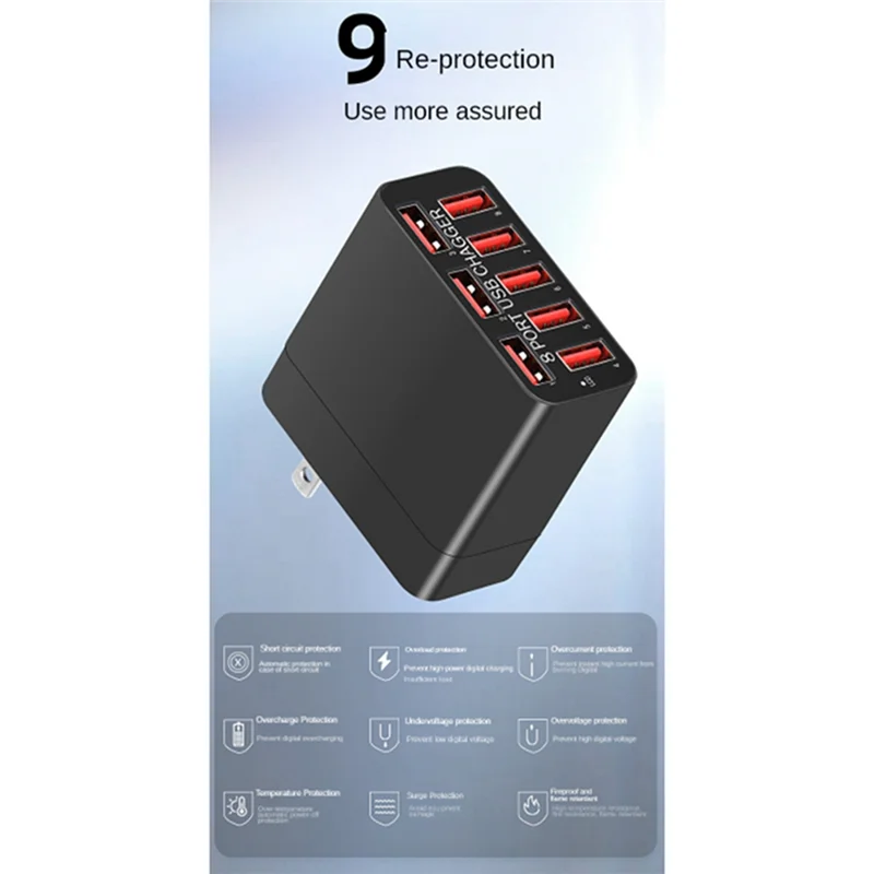 携帯電話充電器,8 USB,多孔質,折りたたみ式,ポータブル,旅行用,高速,マルチポート,EUプラグ