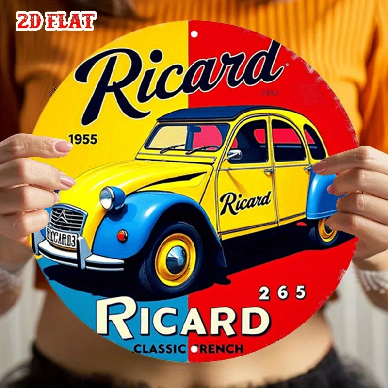 Letrero Metálico Redondo de Aluminio con Diseño Clásico Amarillo y Azul de Auto Antiguo Ricard 2D, Decoración Rústica para Garaje