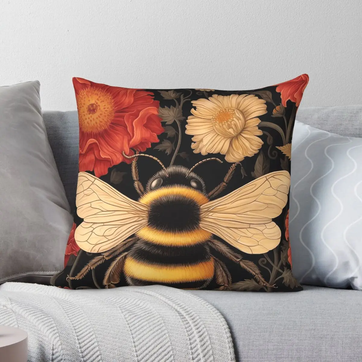 William Morris Bumblebee Floral Square Pillowcase Polyester Linen Velvet Printed Decorative Pillow Case Sofa Seater Cover 45x45