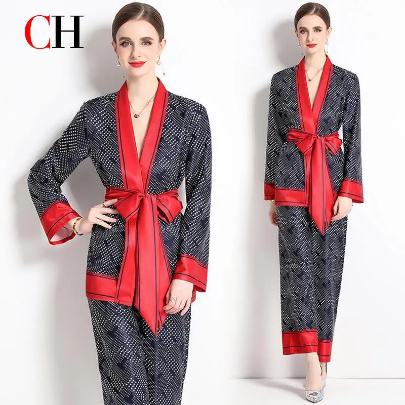 CH Polka Dot Print Two Piece Set Long Sleeve Belted Robe Wide Leg Pants Contrast Trim Loungewear Elegant Fashion Daily Wear