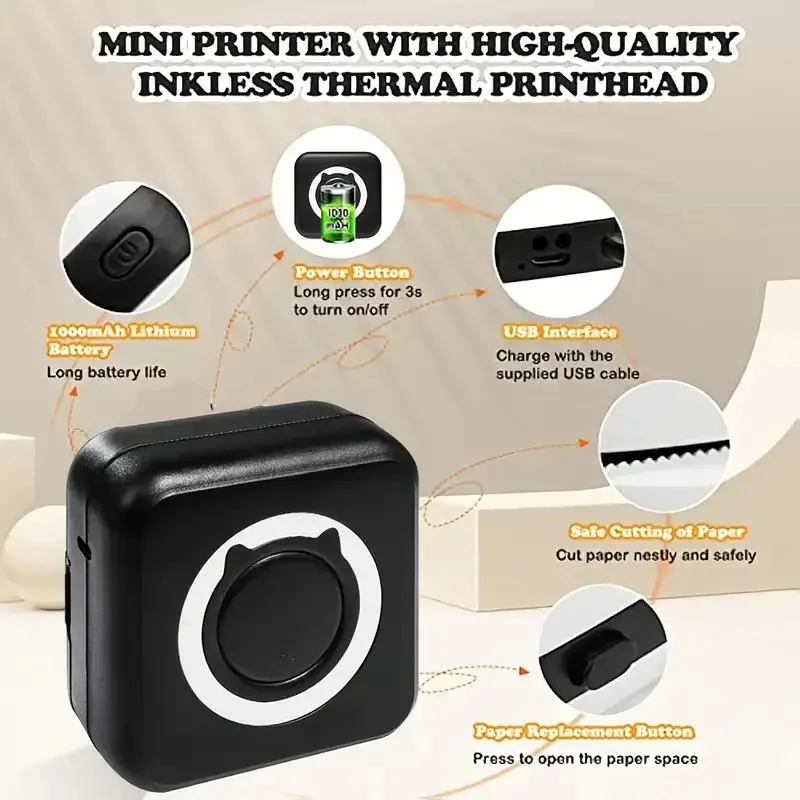 Portable Mini Thermal Printer Wirelessly BT 203dpi Photo Label Memo Wrong Question Printing With USB Cable Imprimante Portable