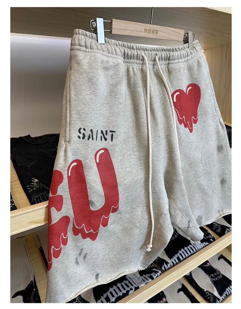 New Vintage Love Print Washed High Quality Japanese Street Shorts High Street Leisure Loose Sports High Quality Cotton Shorts