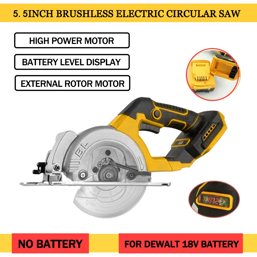 5.5IN Electric Circular Saw Brushless External Rotor Cordless High Power Cutting Woodworking Power Tools Fit Dewalt 18V Battery