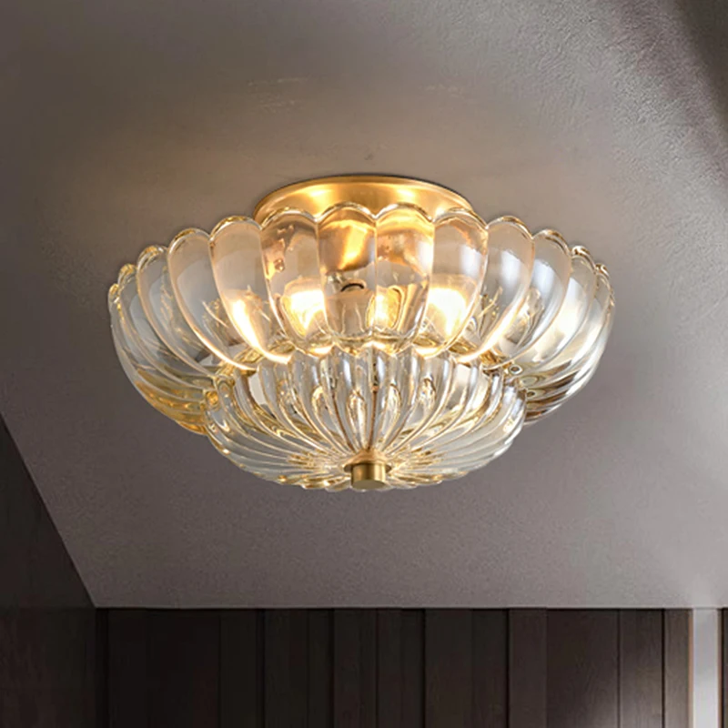 

American Retro Copper Small Ceiling Lamp Porch Personality Flower Petals Bedroom Balcony Glass Led Lighting