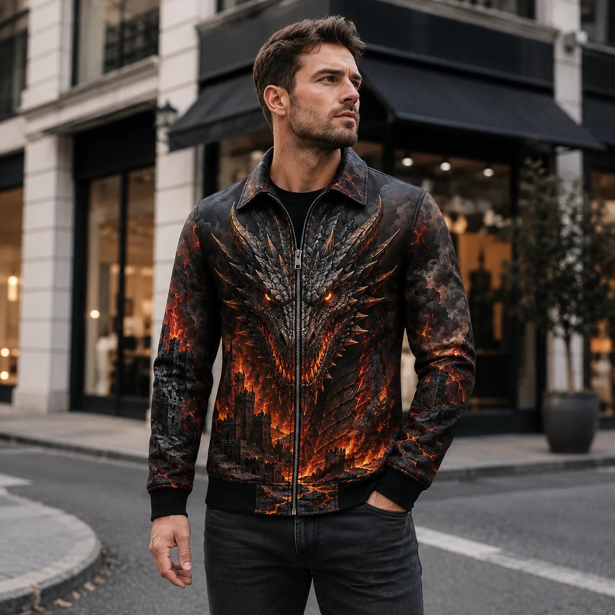 Men Fire Dragon 3D Print Jacket Lava Castle Fantasy Graphic Jackets Medieval Gothic Coat Zip Up Streetwear Dragon Lover Casual