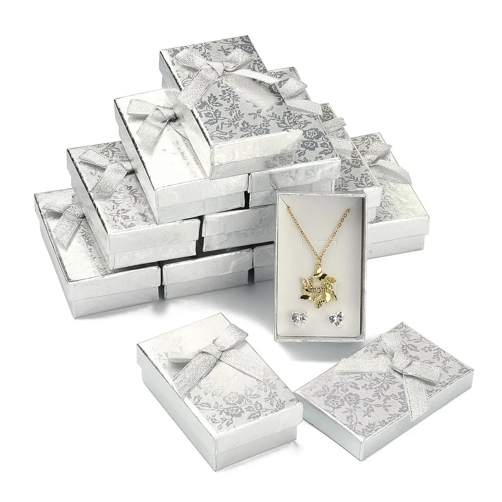 

24pcs Rectangle Cardboard Jewelry set boxes 2 Slots with Bowknot Outside and Sponge Inside for Rings and Earrings 83x53x27mm