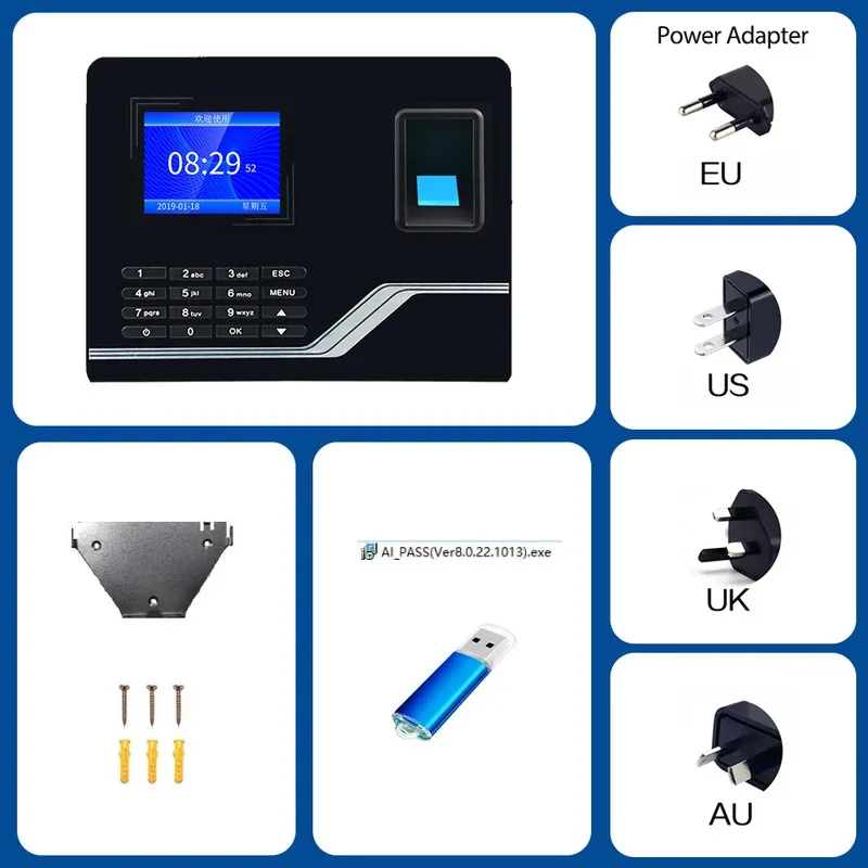 آلة الحضور الوقت الذكية TCP/IP الجديدة مع برنامج مجاني فلاش USB 2.8 بوصة TFT شاشة مسجل بصمات الأصابع
