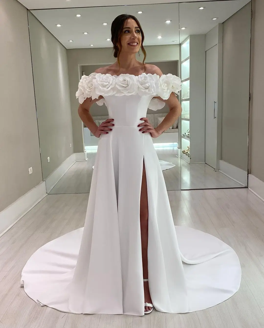 Vestido de novia de satén con escote rosa blanco elegante personalizado con pierna dividida y hombros descubiertos vestido de novia línea a para mujer 2024