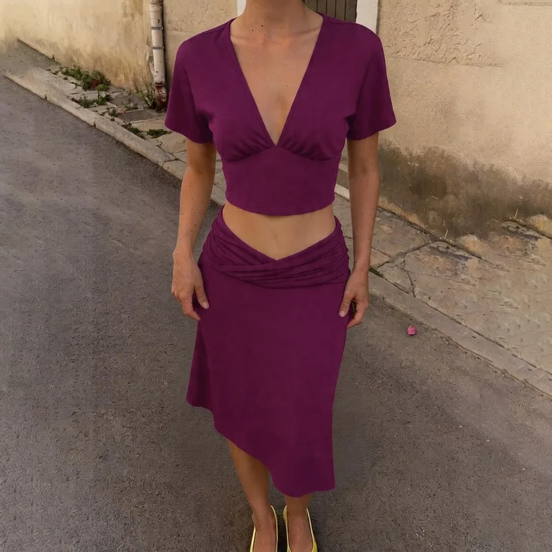 

Tsiisd Fashion Purple 2 Piece-Set Skirt Female V Neck Crop Top Asymmetric Skirt Matching Sets Casual Beach Women's Sexy Outfits