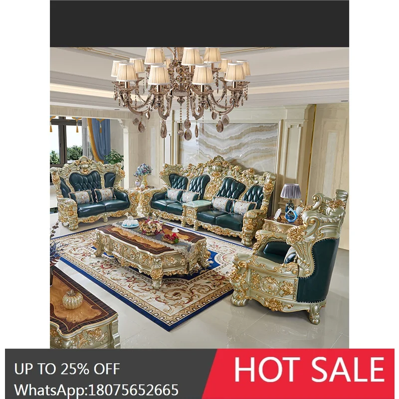 HLZ European-style Sofa Set Villa Living Room Genuine Leather Solid Wood Carved High-end Furniture