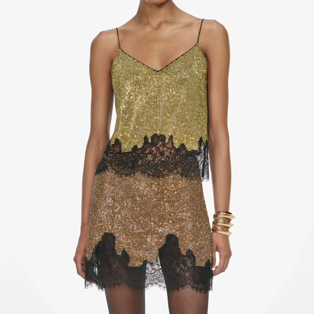 

Women lace hot rhinestone sling tops + mini skirt set