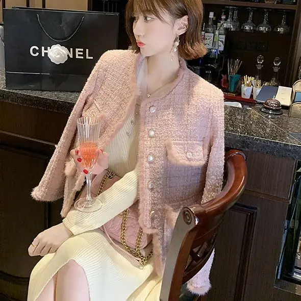 Korean Style Vintage Tassels Elegant Lady Tweed Jackets Pink Long Sleeve Suit Coat Women Autumn Winter Short Blazers Female YL6