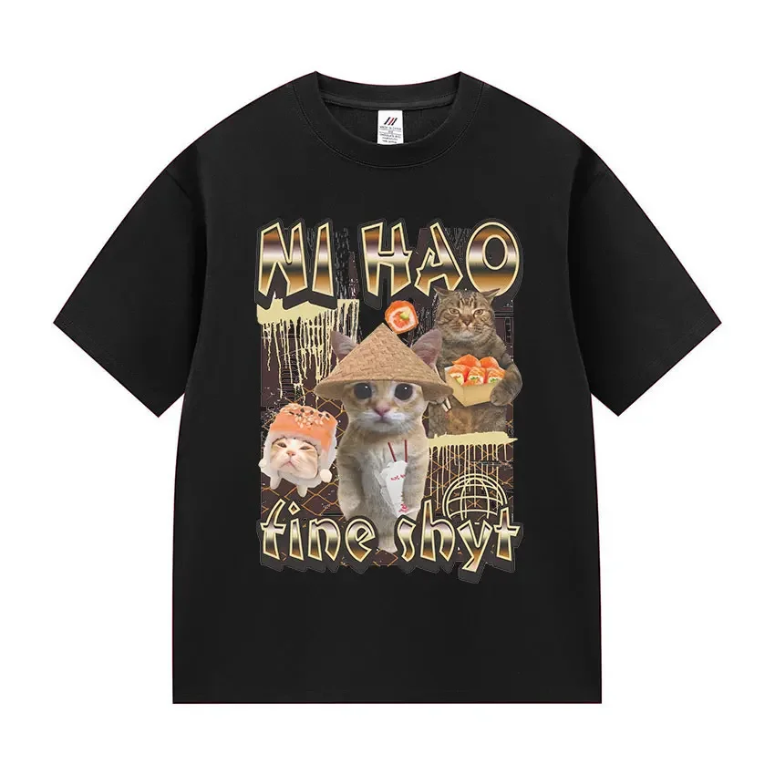 2025 Ni Hao Fine Shyt divertido gato gráfico camiseta mujer Vintage Harajuku moda camiseta verano algodón camisetas de gran tamaño Tops