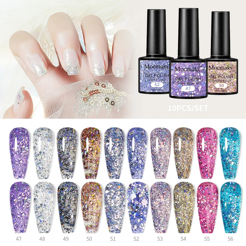 

Набор гель-лаков для ногтей, 10 шт./компл., розовая глиттерная палитра, популярные осенне-зимние цвета, полуперманентный, смываемый, УФ/LED гель-лак для нейл-арта