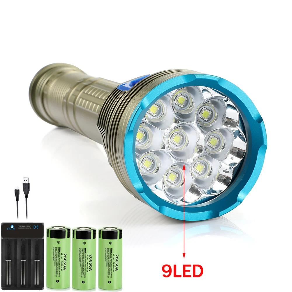 Scuba Flashlight Professional Underwater Diving IPX68 Waterproof Torch 9 LED Light For Caving Snorkeling Spearfishing Lamp