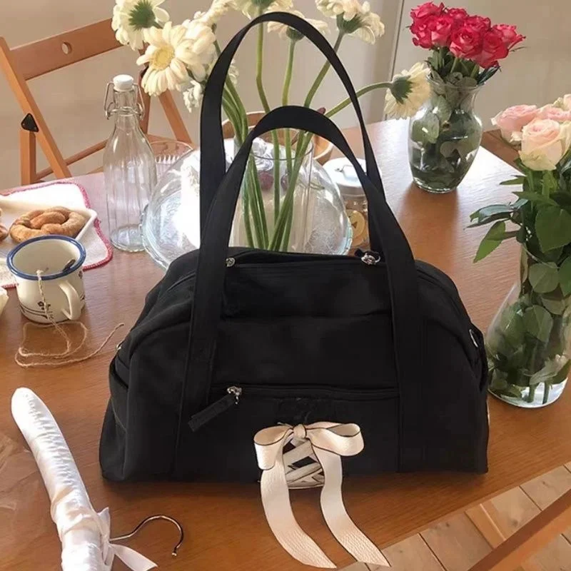 Y2K Bow Tote Bag Korean Oi Nylon Thick Waterproof Tie Strap Single Shoulder Crossbody Tote Fitness High-capacity Bag Girl New
