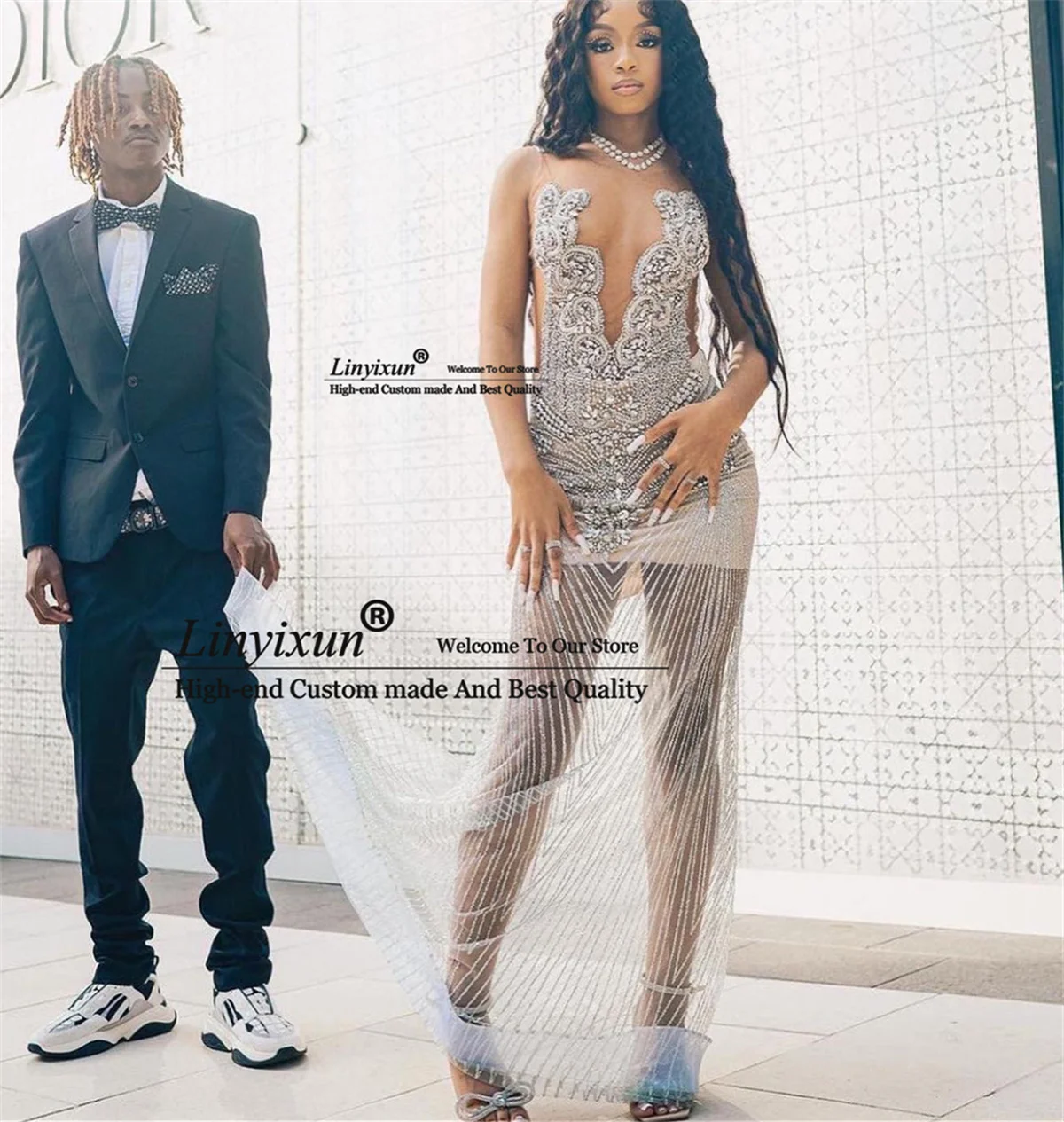 

Sexy See Through Mermaid Prom Dress Customized African Wedding Party Gala Dress Glitter Sequins Rhinestones Diamond Evening Gown