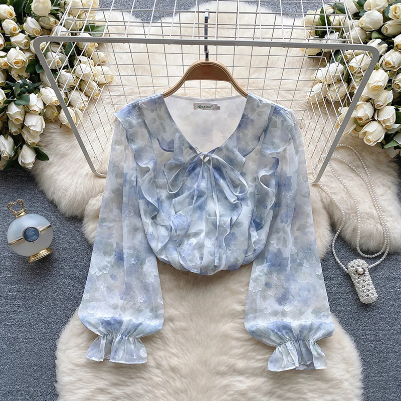 Flower Print Womens Tops And Blouses Casual Ruffles V Neck Long Petal Sleeve Chiffon Loose Female Tunic Bow Spring Pullover