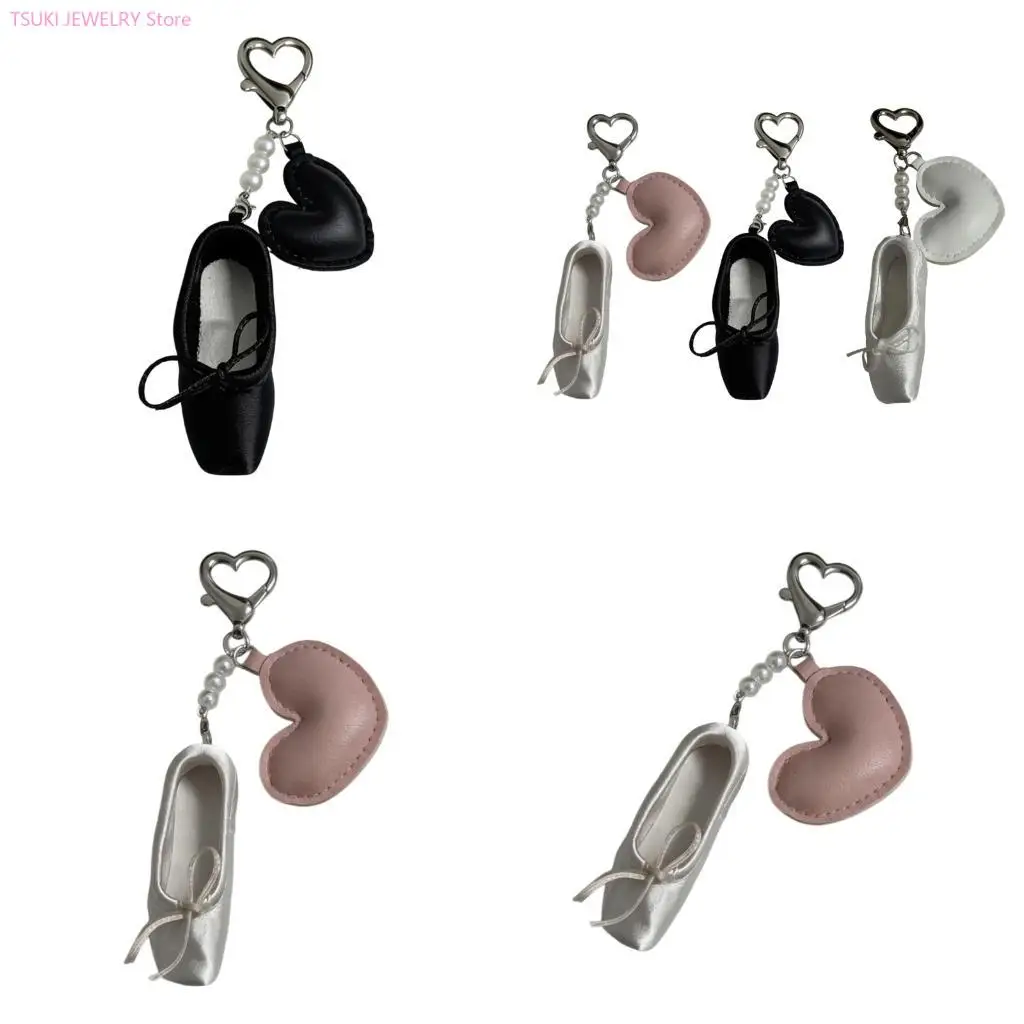 62KE Elegant Ballet Shoe Keychain Pendant With Heart Charm Leather And Fabric Design