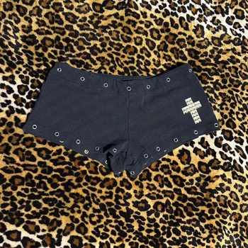 Cross Print Shorts Casual Fashion Color Black Y2K Sexy Slim Versatile Low Waist Solid…
