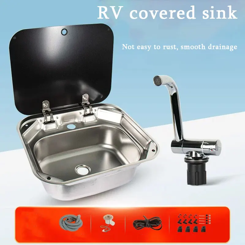 Caravan Camping Stainless Steel Hand Wash Basin Sink with Tempered Glass Lid Camper Accessories RV Stainless Steel Covered Sink
