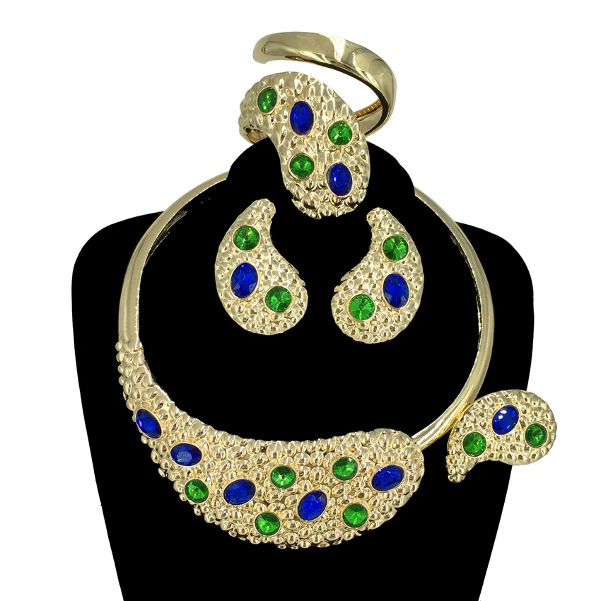 Hot Sale Italian Gold Plated Necklace Earrings Bracelet Ring Elegant Luxury Ladies Christmas Party Wedding Jewelry Set FHK14400