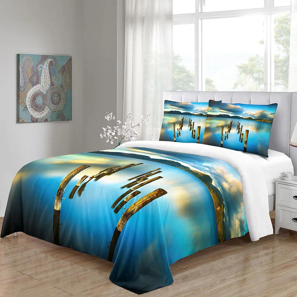 HUANZHUANG Lovers Blue Seascape 3 Pieces Duvet Cover Set Fashion Bedding Set Queen Size Bed Boy Girl Comforter Cover Set Childre