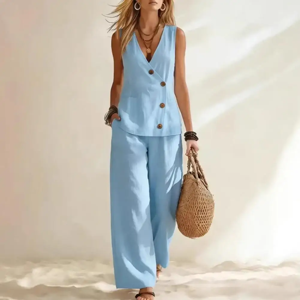 

Breathable Women Clothing Women's Summer Sleeveless Two-piece Set Button-down Tank Top Wide Leg Pants Casual Loungewear Matching