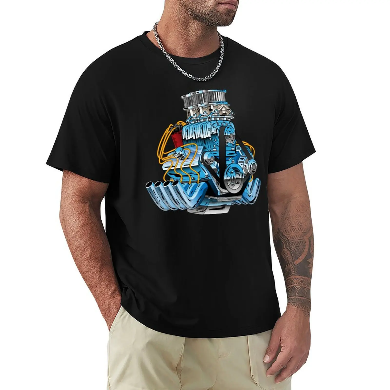 Hot Rod Race Car Dragster Engine Cartoon Illustration T-Shirt Large Size Casual Tee Shirt