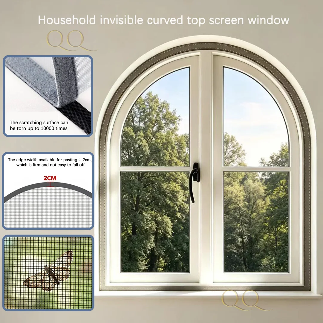 Grey Arc-Shaped Full Mesh Screen Window Arched Semi-Circular Top Nano PP Mosquito Proof Breathable Invisible Screen Window