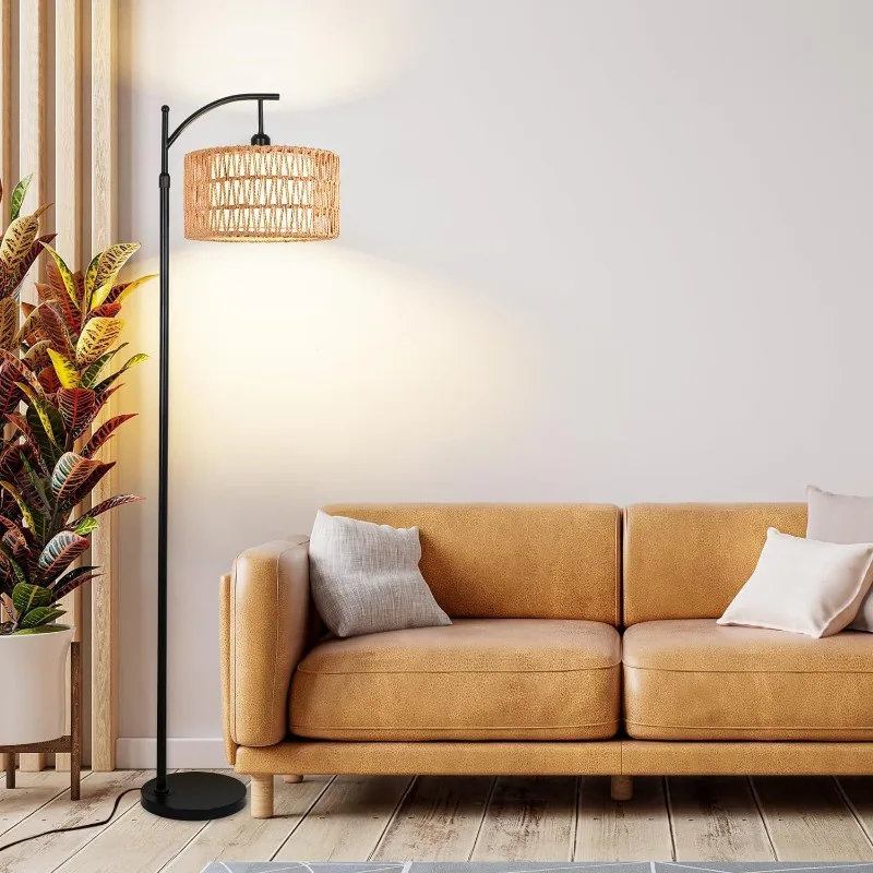 Vloerlamp Voor Woonkamer Slaapkamer Rotan Boho Arc Staande Lamp Met Afstandsbediening Dimbare Zwarte Rieten Bamboe Lamp Schaduwvloer