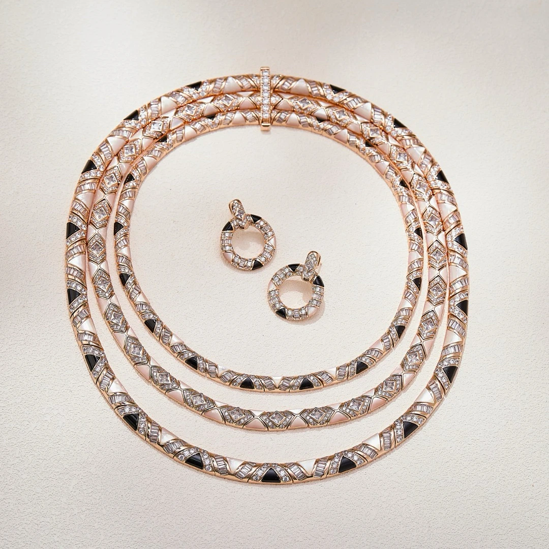 EYER Luxury Fine Jewelry Set Inlay AAA Cubic Zirconia Three Layers Champagne Gold Necklace Earrings For Women Wedding Party Wear