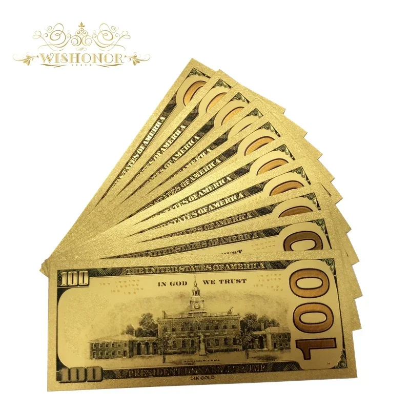 10Pcs/Lot For Nice USA Color Donald Trump Banknotes 100 Dollar Banknote in 24K Gold Plated Paper Money For Gifts