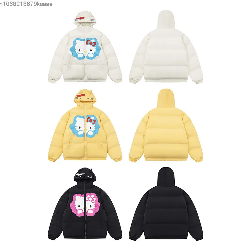 Sanrio Hello Kitty Amerikanischer Stil Trendiger Baumwoll-Kapuzenmantel für Männer und Frauen Winter Neue verdickte warme Jacke Nischen-Freizeitmantel