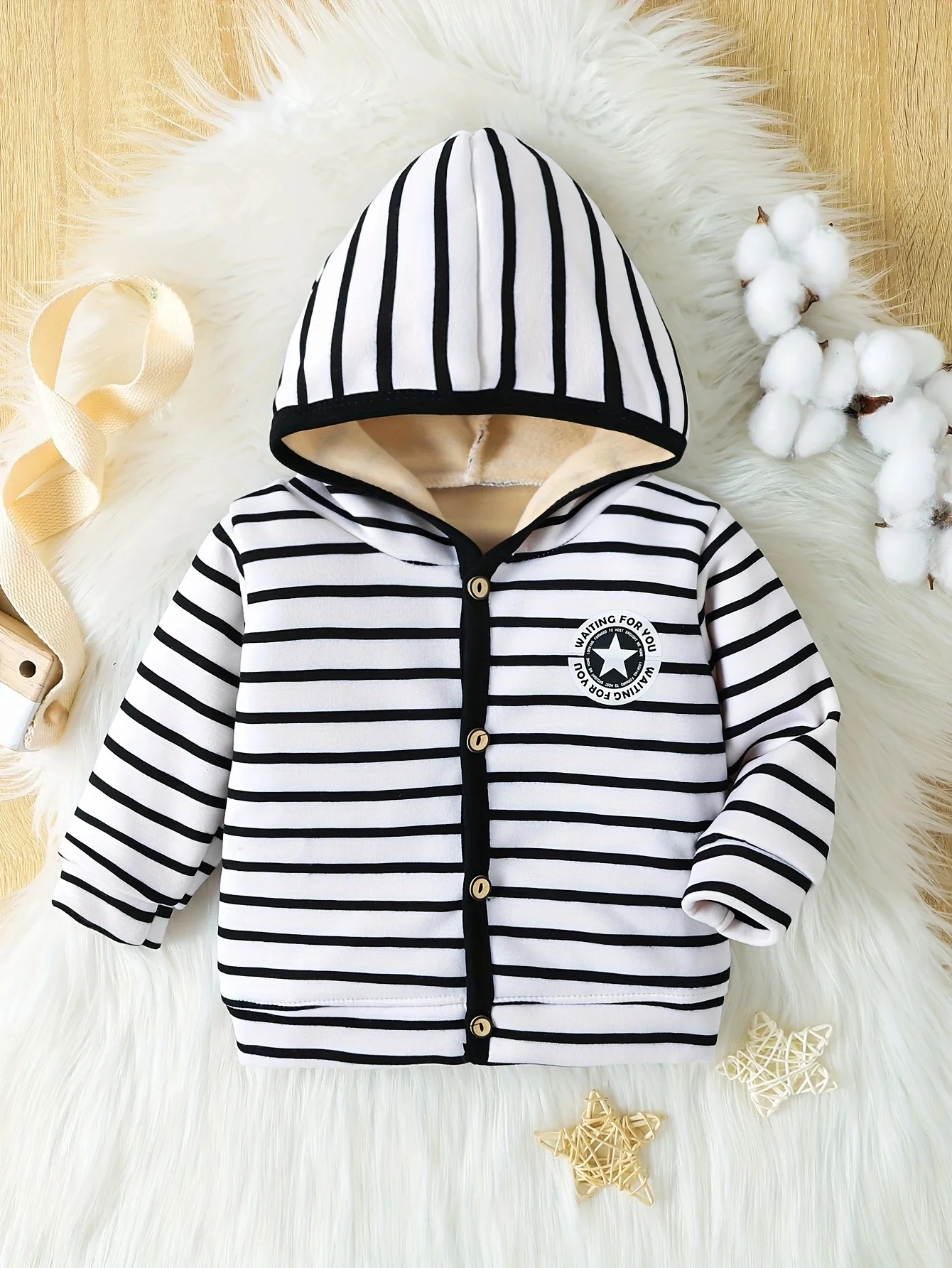 New baby boys and girls spring and autumn black and white striped cartoon printed hooded zipper long sleeved thin velvet jacket