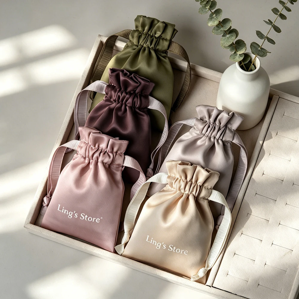 

50Pcs Personalized Logo Silk Jewelry Drawstring Bag Wedding Favors Gift Packaging Satin Pouch Cosmetic Candy Oil Bracelet Pocket