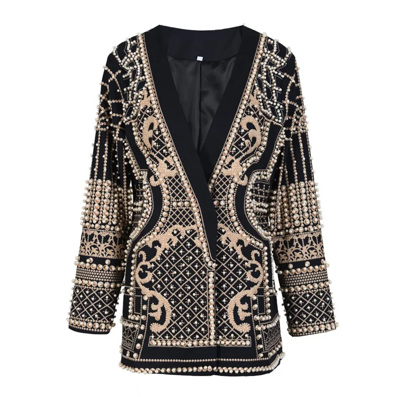 Retro Beads Printing Women Blazer Gorgeous Shawl Lapels Mid-Length Coat Unique White Yellow Long Sleeve Tops New Design In Stock