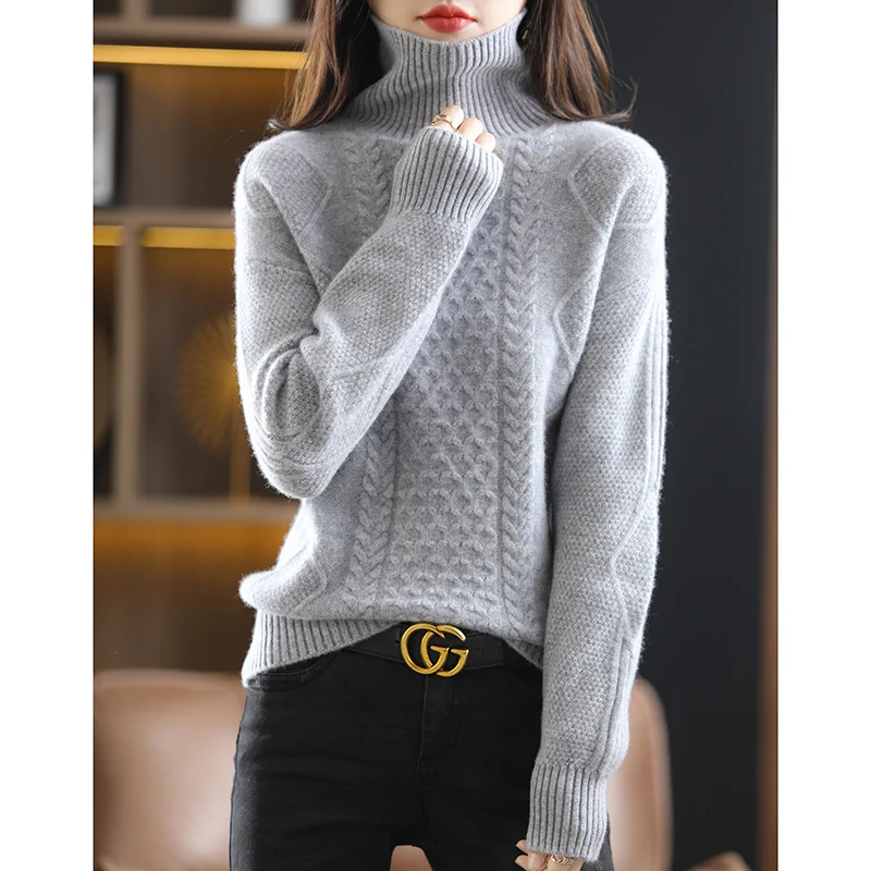 2023 Autumn And Winter Pure Woolen Sweater Long Sleeved Women's Loose Fashion High Neck Twisted Flower Knitted Bottom Shirt