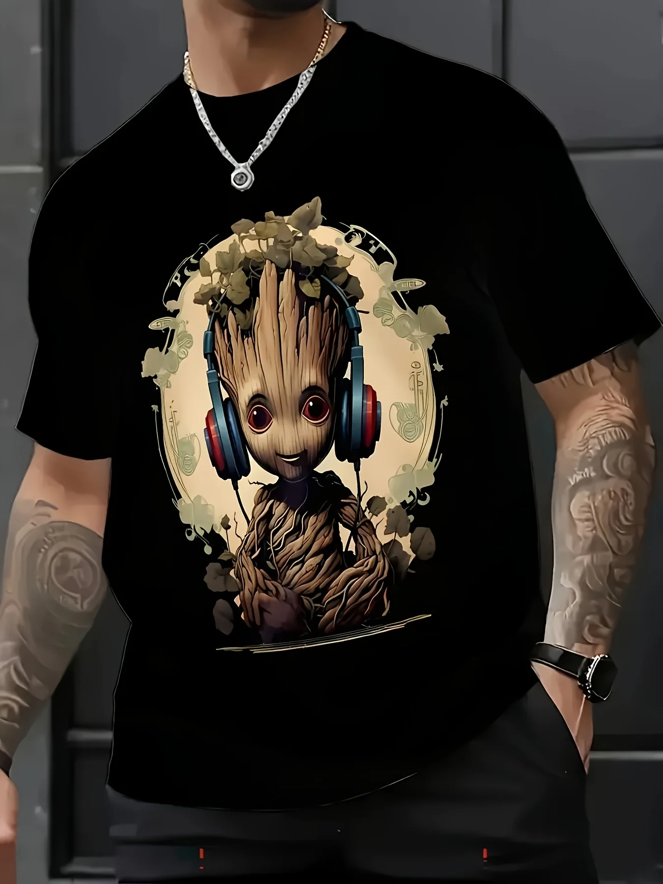تي شيرت برسومات Marvel Groot للرجال - طباعة، تي شيرت صيفي كاجوال أسود مع سماعات رأس وتصميم زهور، مقاس عادي، مستدير #5