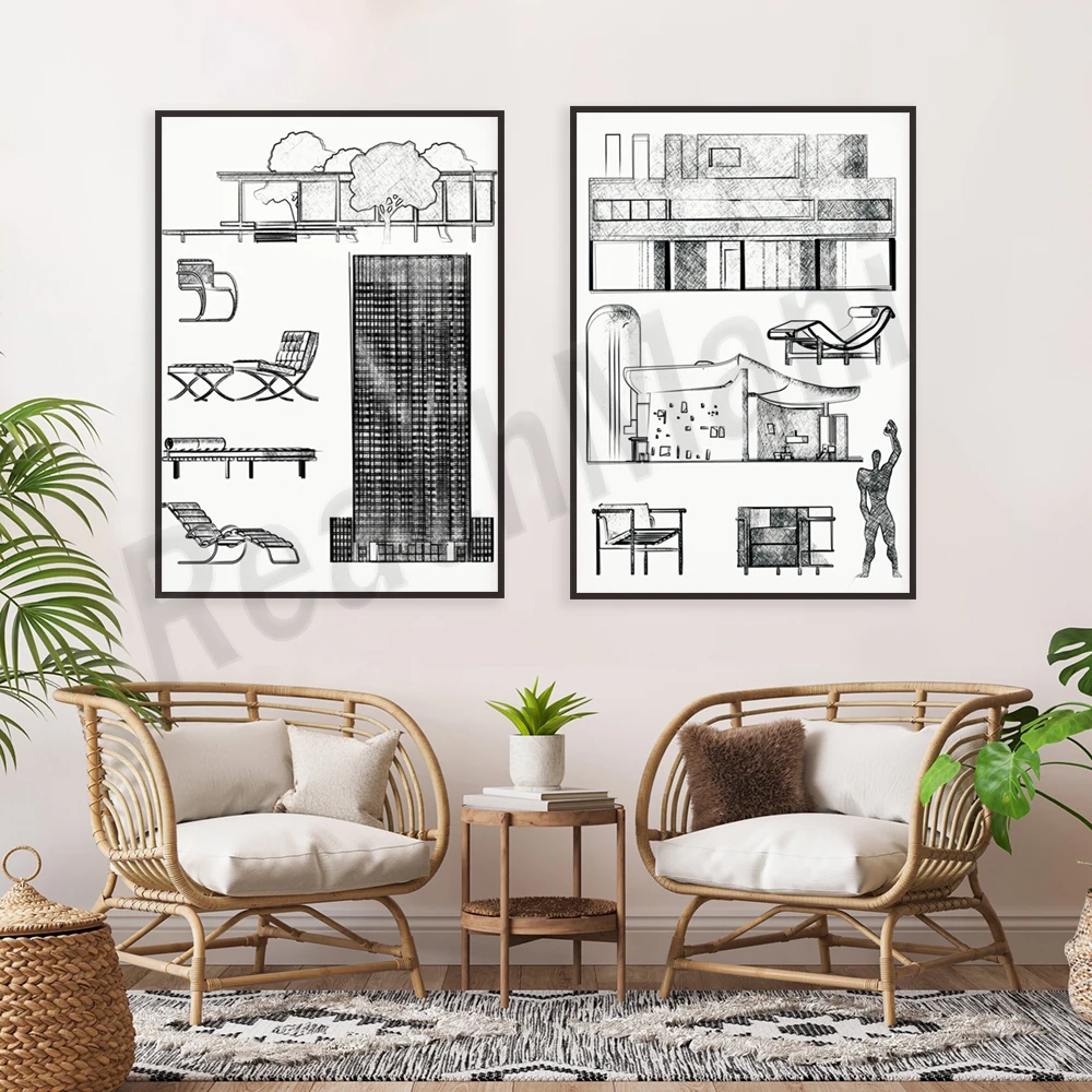 مطبوعات التصميم المعماري Le Corbusier، ملصقات المعرض Louwig Mies van der Rohe، ديكور منزلي بسيط #2