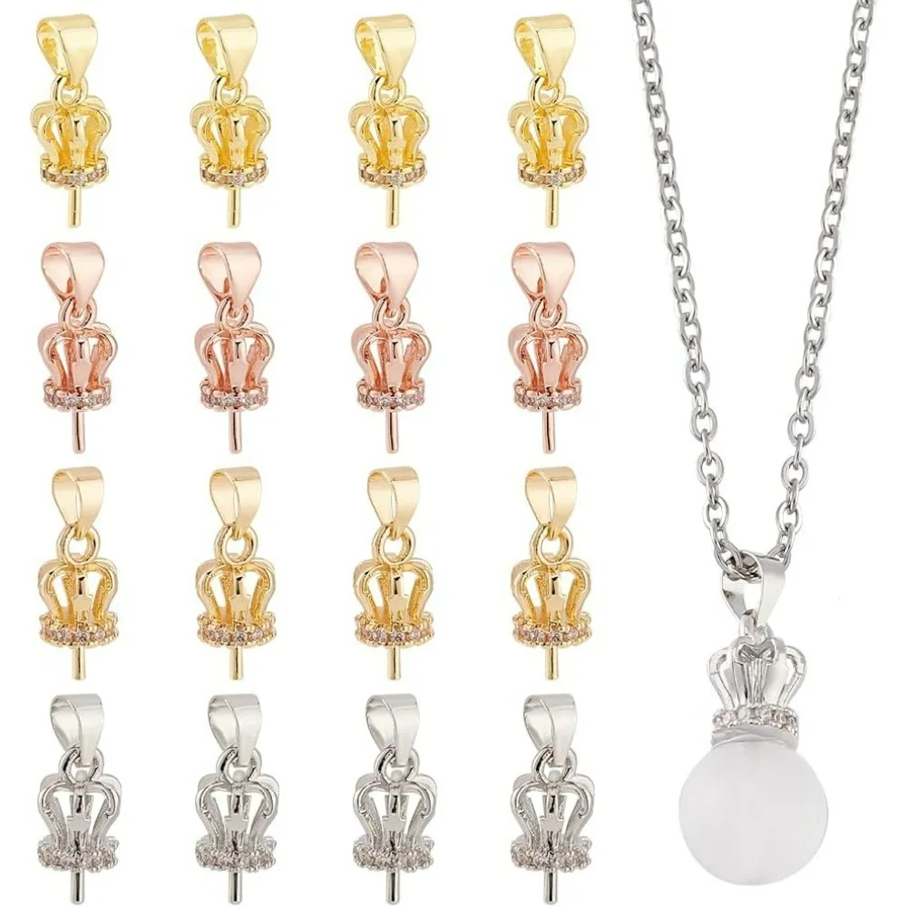 

16Pcs 4 Colors Crown Charms Pendant Bails Cap Eye Pin Bail Peg Pendant Cubic Zirconia Bails Clasp Charm for Half Drilled Round