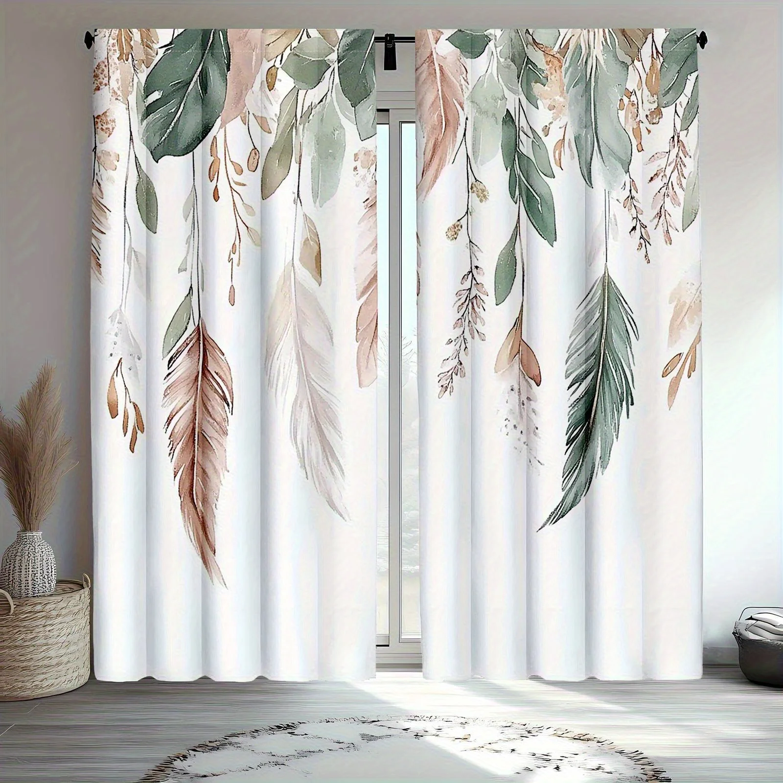 2pcs Boho Pampas Flower Kitchen Curtains - Botanical Green & Tan Floral Design, Short Window Drapes for Living Room or Bedroom,
