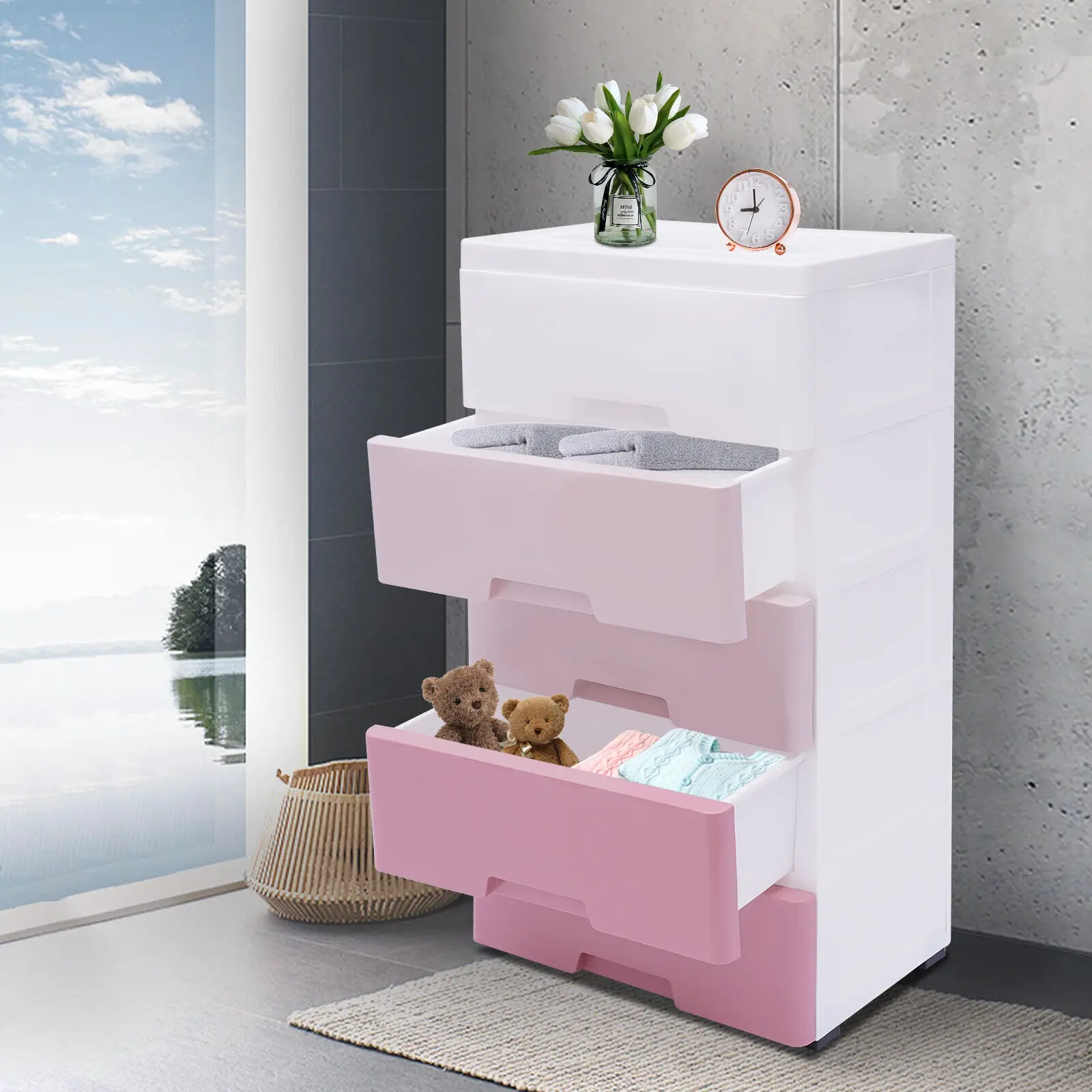 

Cupboard 5-layer Storage Drawers Clothes Storage Tower Storage with 5 Drawers Pink Closet Organizer Shelf Bedroom Furniture